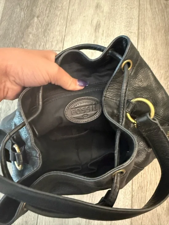 Fossil Black Leather Hobo Shoulder Bag Purse draw string - Picture 8 of 10